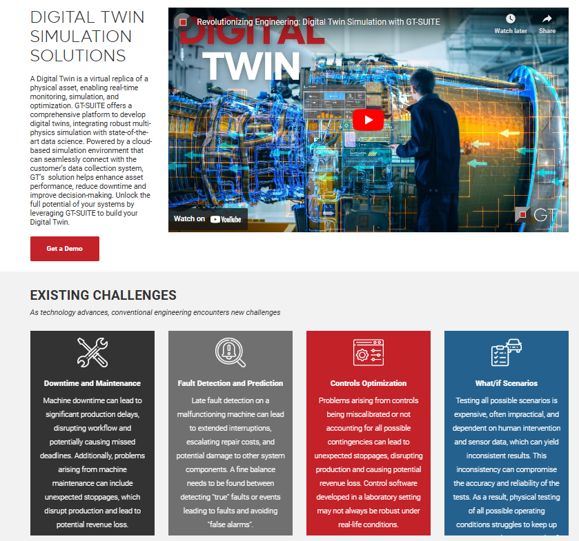 Digital twins solutions page screenshot